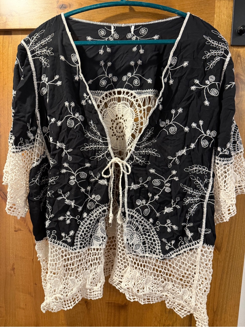 Black Embroidered Crochet Trim Shirt